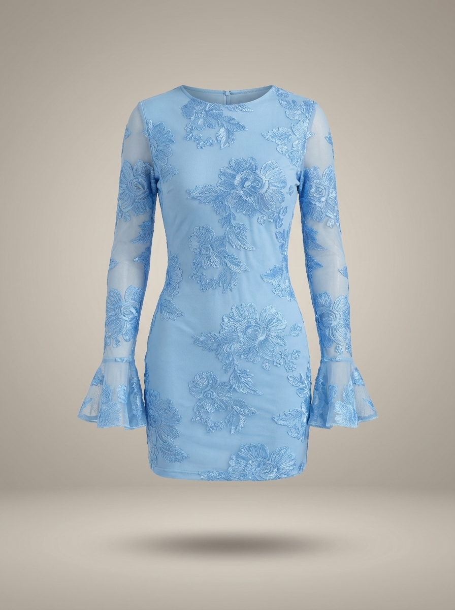 Mini Jurk Dames Aansluitend Bloemenprint Flare Mouwen Feestelijk