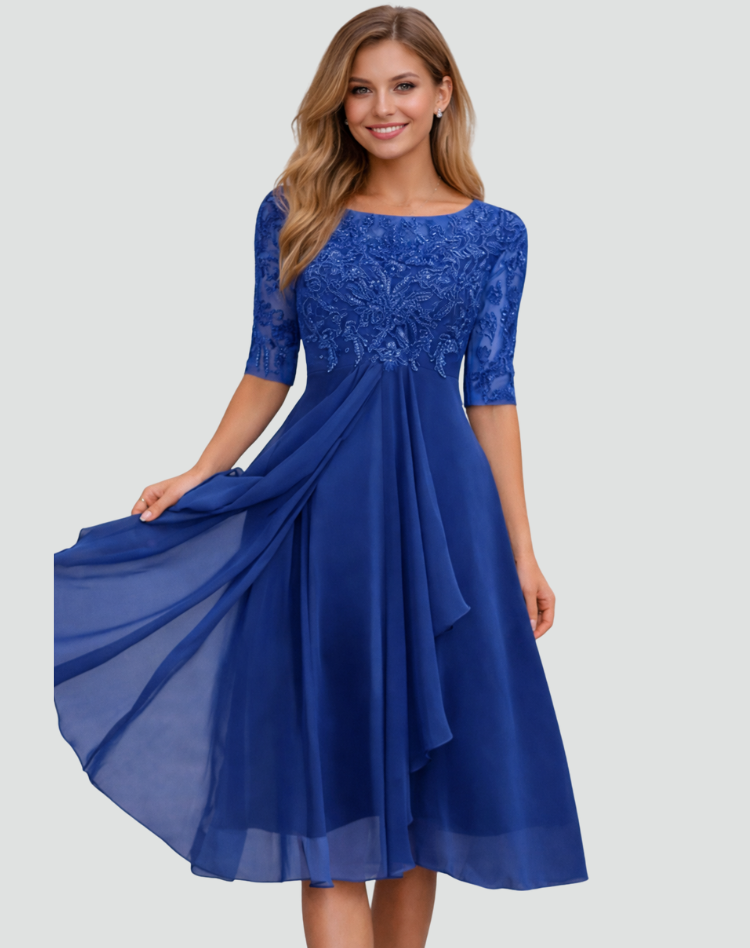 Midi feestjurk Dames Regular Fit Kant Driekwart Mouw