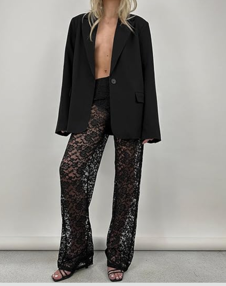 Flared Broek Dames Kanten Bloemenpatroon Elastische Taille