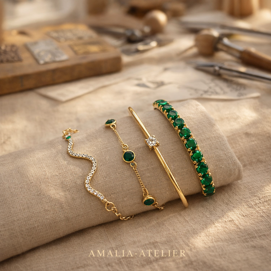 Goudkleurige Armbandenset met Emeraldgroene Stenen
