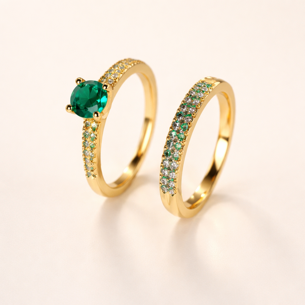Elegante gouden ringenset met smaragddetails
