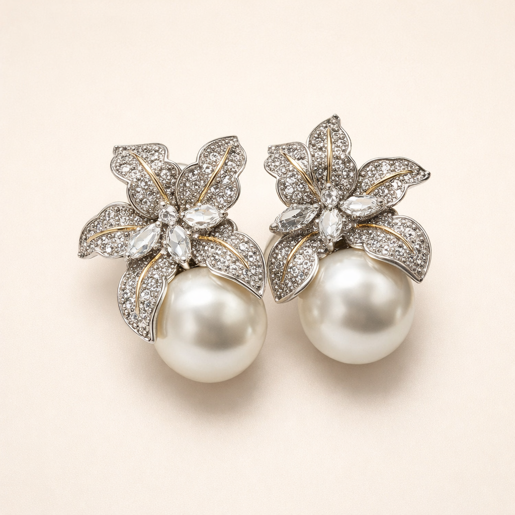 Elegante parel oorbellen van wit goud met bloemdetails