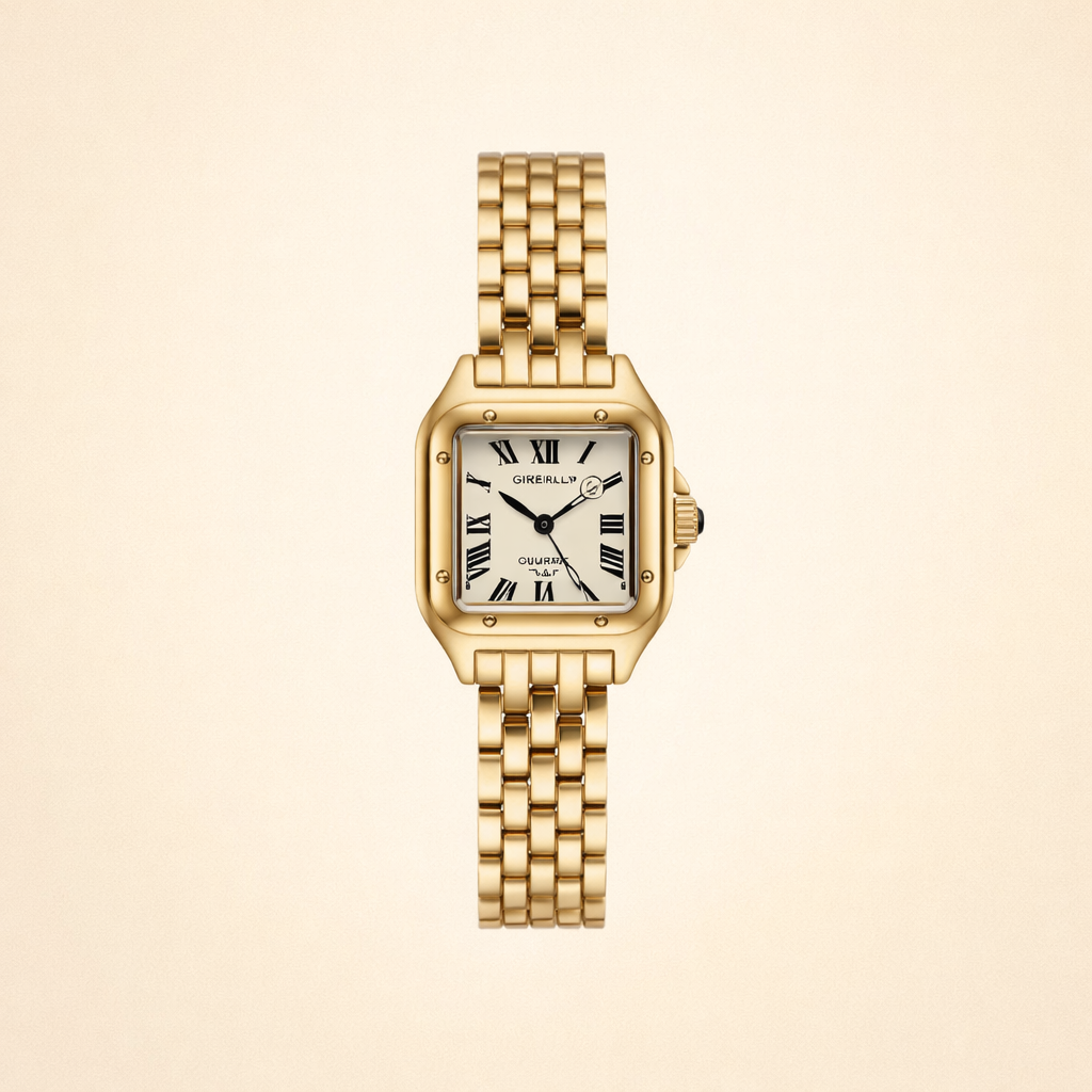 Elegante gouden horloge met subtiele schakelstructuur