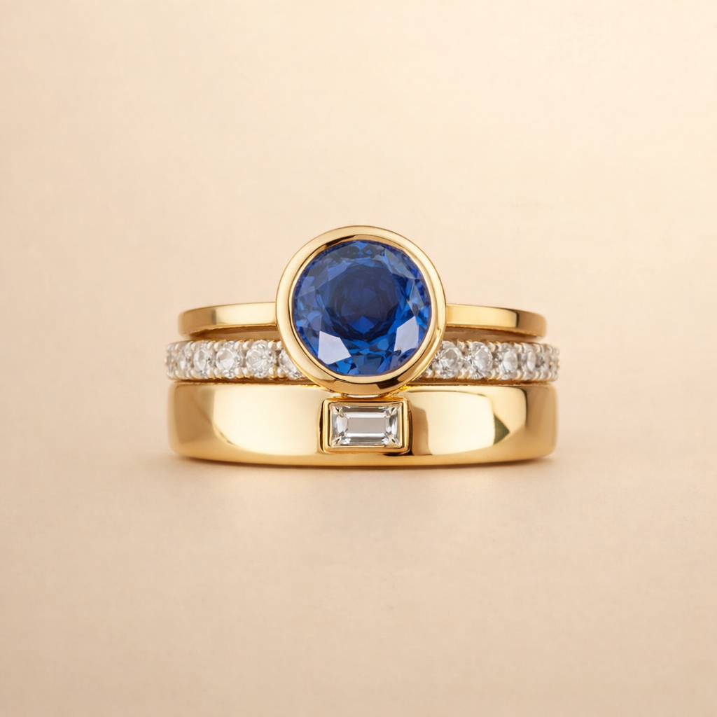 Elegante ringenset met blauwe zirkonia in vintage stijl