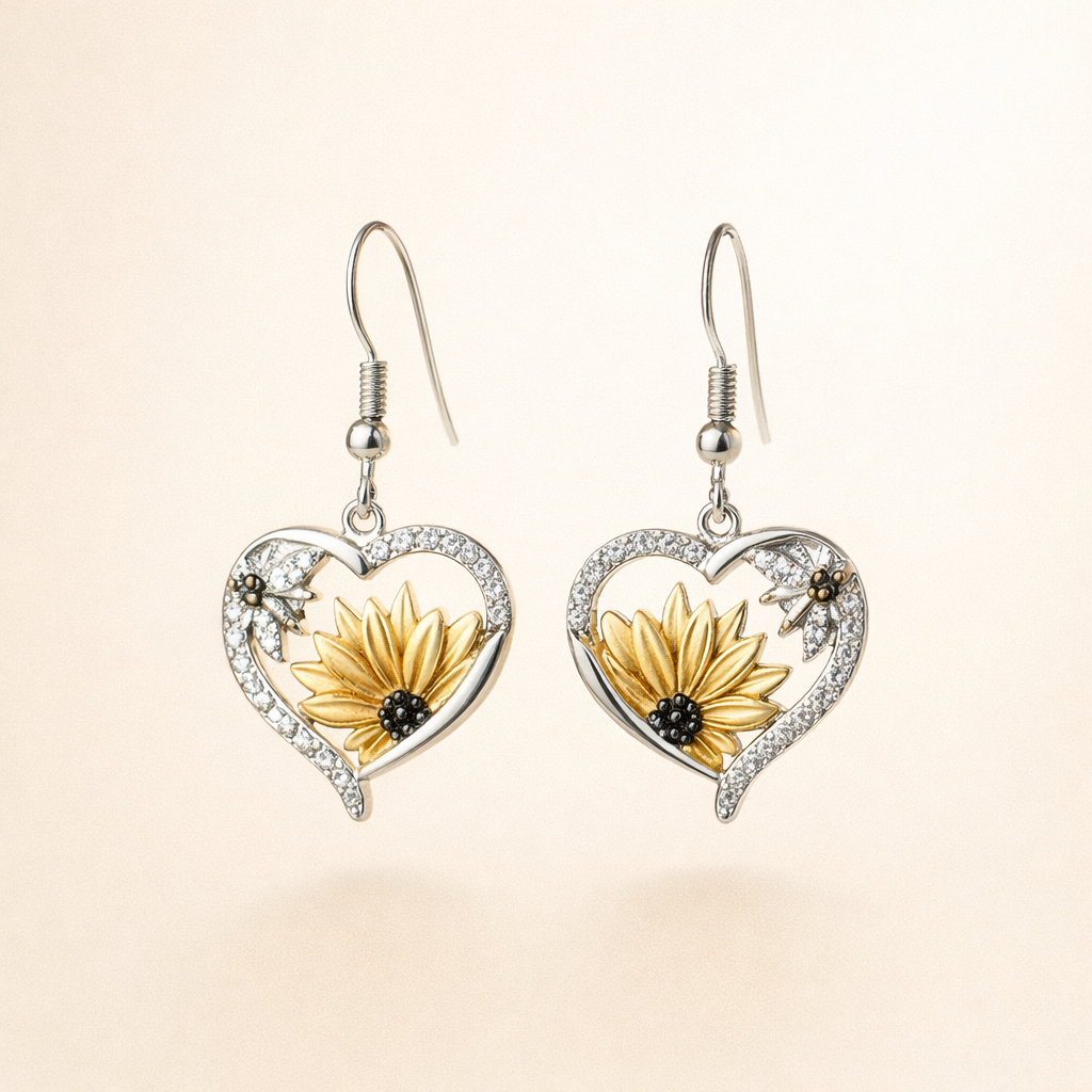 Vintage Boho Zonnebloem & Bij Hart Dangle Oorbellen