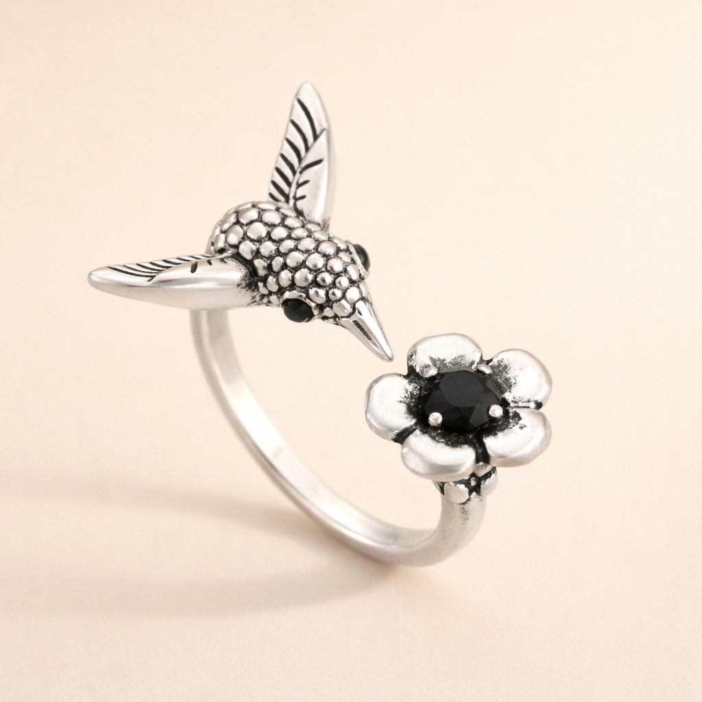 Hummingbird & Flower Ring – Verstelbare Open Vogelring voor Vrouwen