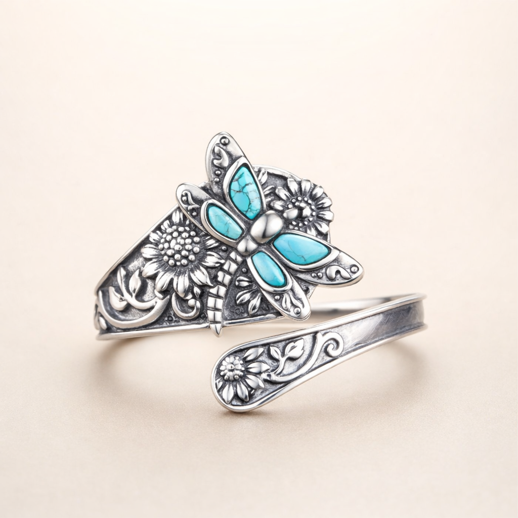 Sterling Zilveren Turquoise Lepelring – Vintage Boho Wikkelring met Libelle