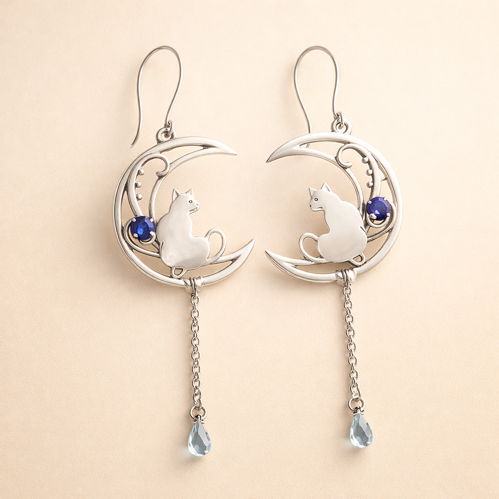 Blauwe Zirkonia Kat Boho Oorbellen in Sterling Zilver