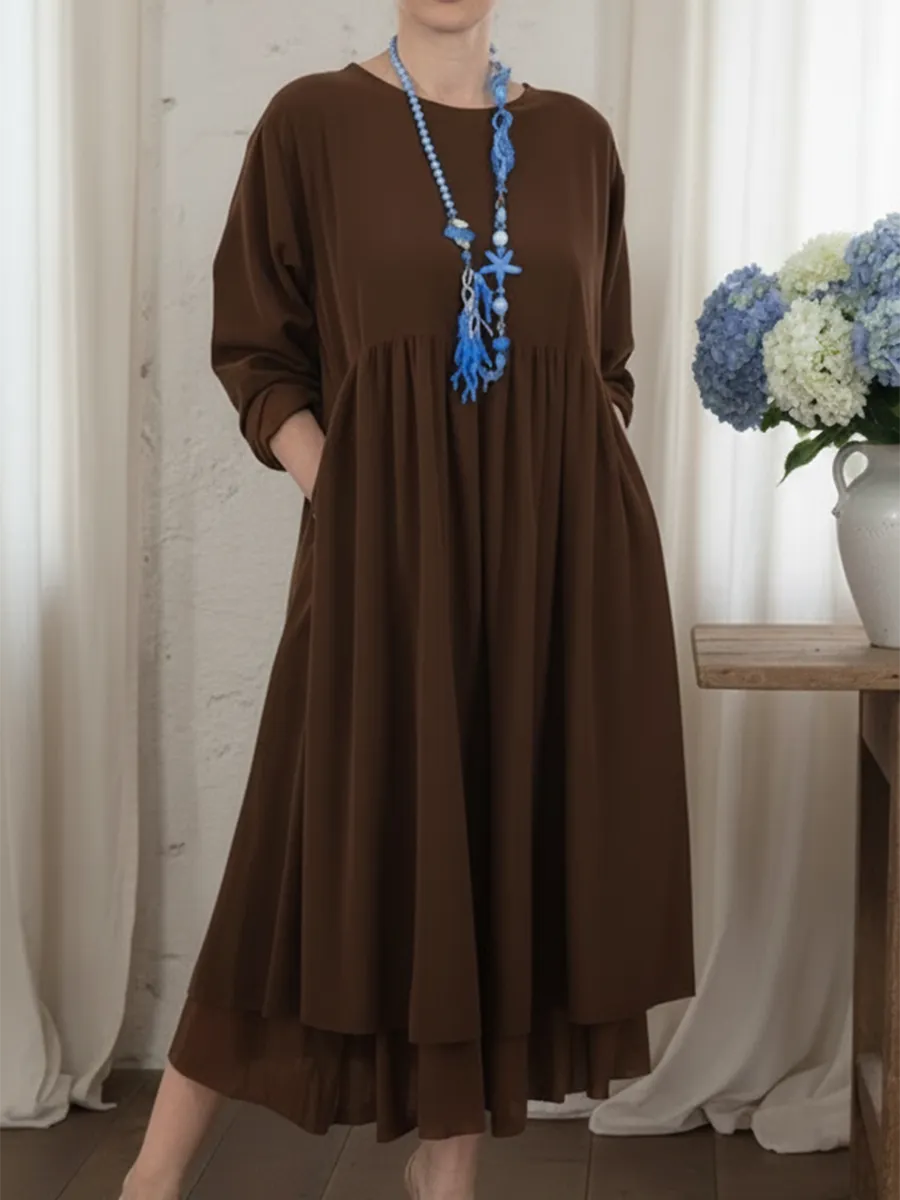 Dames Elegante Midi Jurk Met Losse Pasvorm En Lange Mouwen