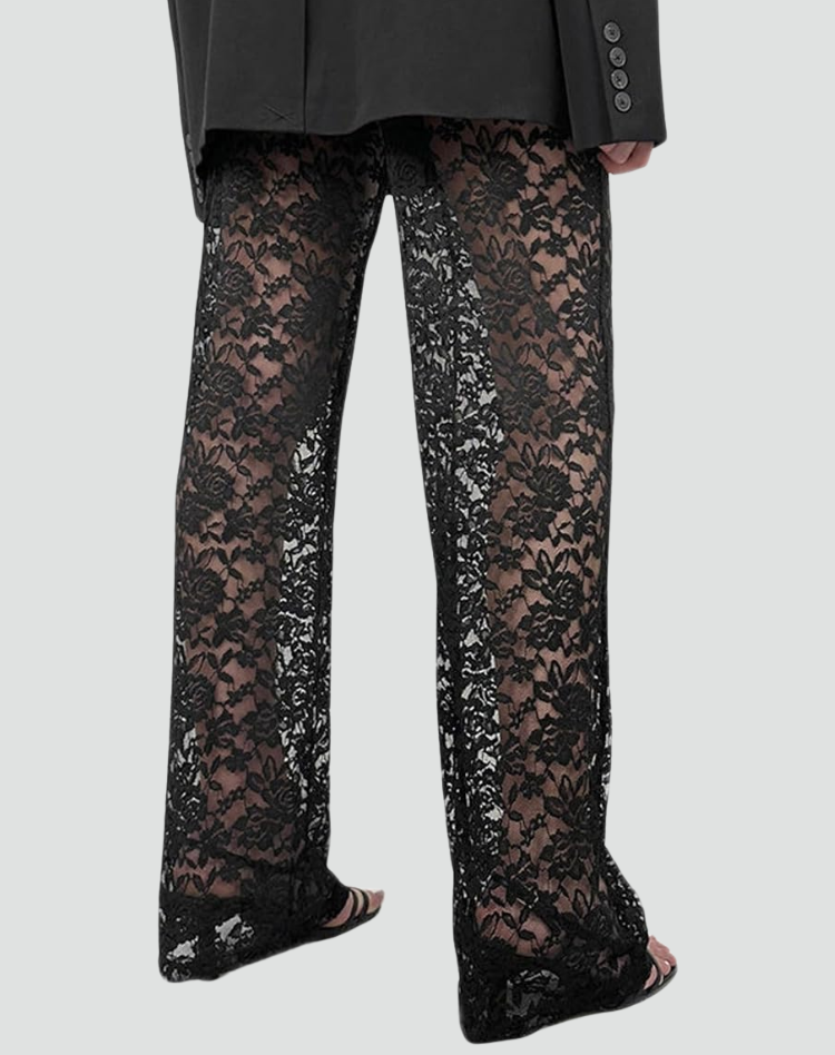 Flared Broek Dames Kanten Bloemenpatroon Elastische Taille