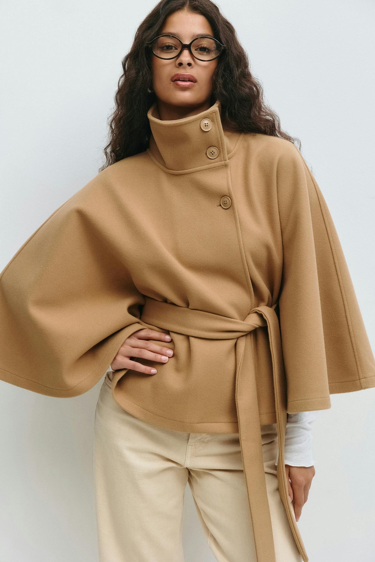 Cape Jas Dames Regular Fit Hoge Kraag Strik Ceintuur Winter