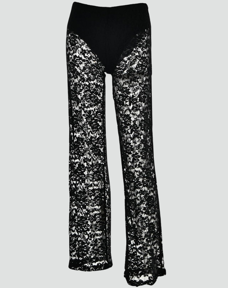 Flared Broek Dames Kanten Bloemenpatroon Elastische Taille