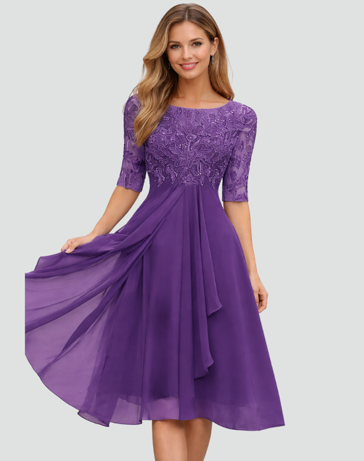 Midi feestjurk Dames Regular Fit Kant Driekwart Mouw