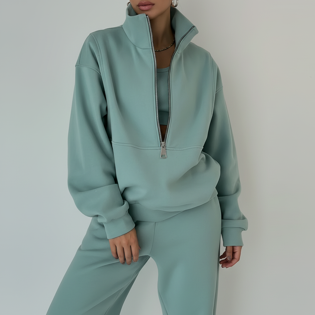 Sportieve Set Dames Regular Fit Trui Met Halfzip Broek Casual