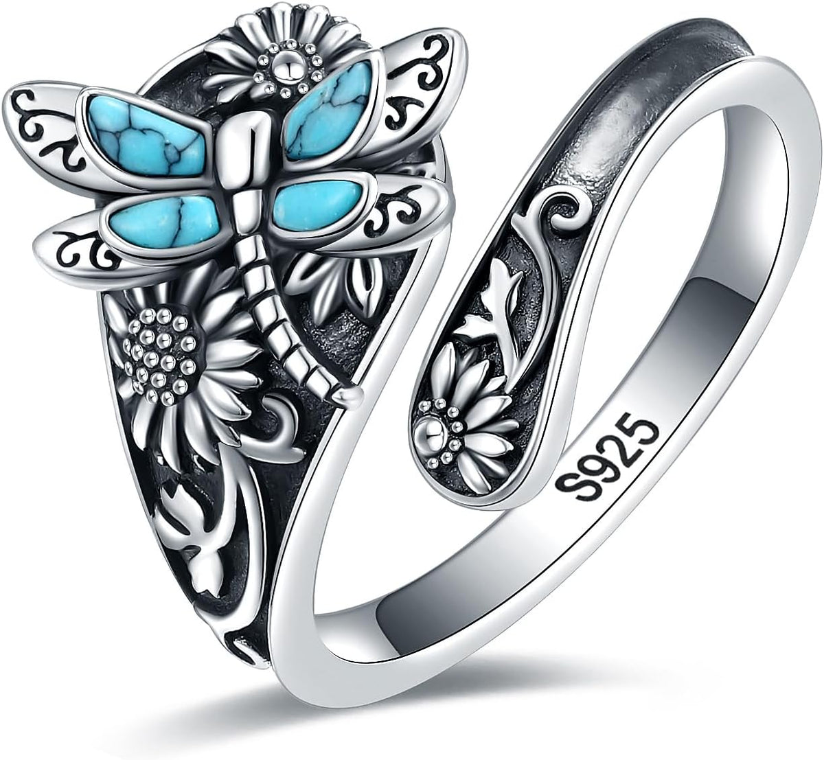 Sterling Zilveren Turquoise Lepelring – Vintage Boho Wikkelring met Libelle