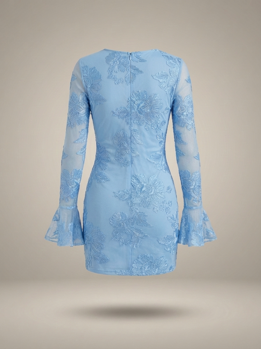 Mini Jurk Dames Aansluitend Bloemenprint Flare Mouwen Feestelijk