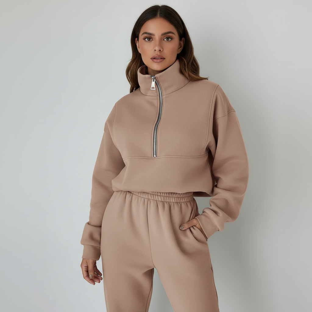 Sportieve Set Dames Regular Fit Trui Met Halfzip Broek Casual