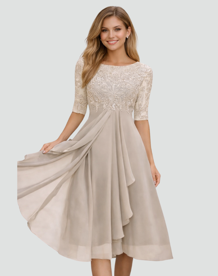 Midi feestjurk Dames Regular Fit Kant Driekwart Mouw