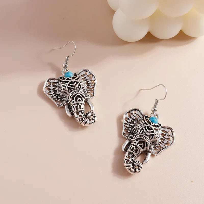 Vintage Olifant Dangle Oorbellen Zilver Bohemian
