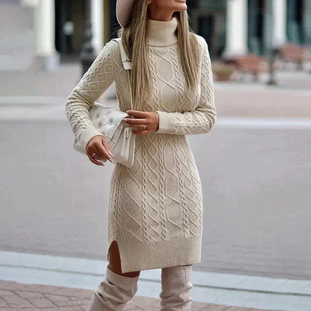 Kabelgebreide Sweaterjurk Dames Col Aansluitend