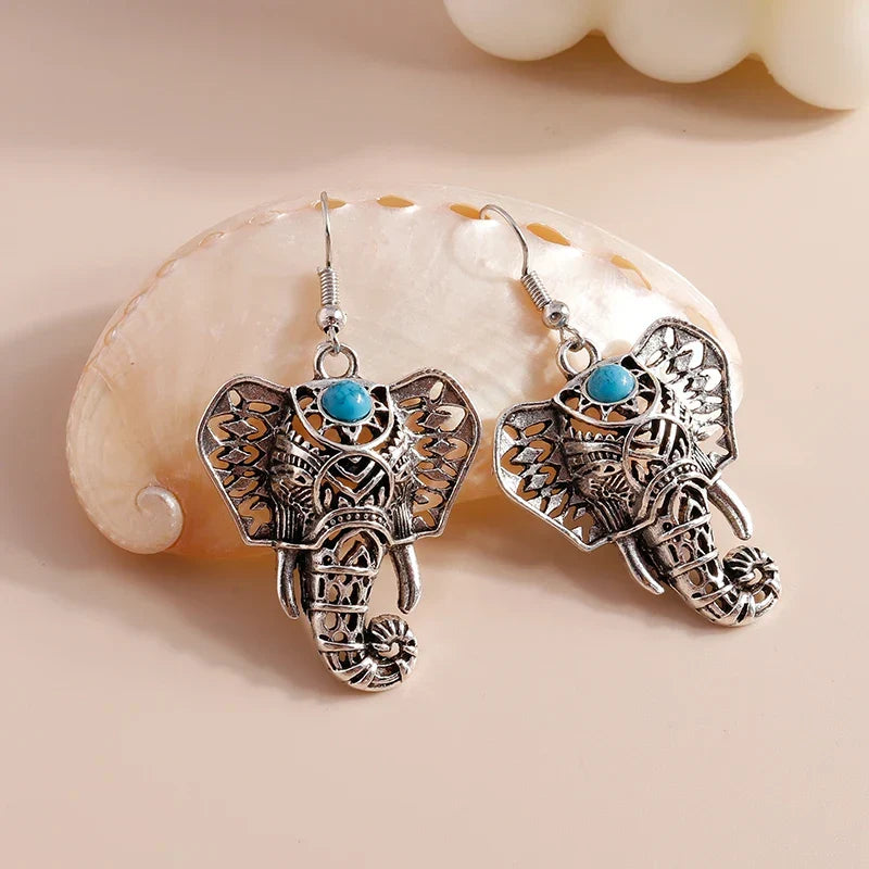 Vintage Olifant Dangle Oorbellen Zilver Bohemian