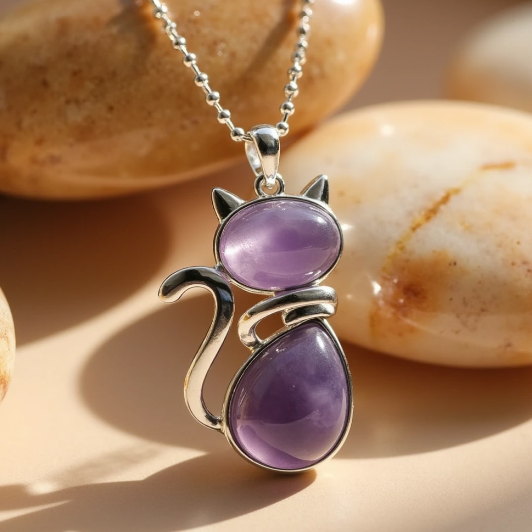 Elegante halsketting van natuurlijke stenen met kattenhanger