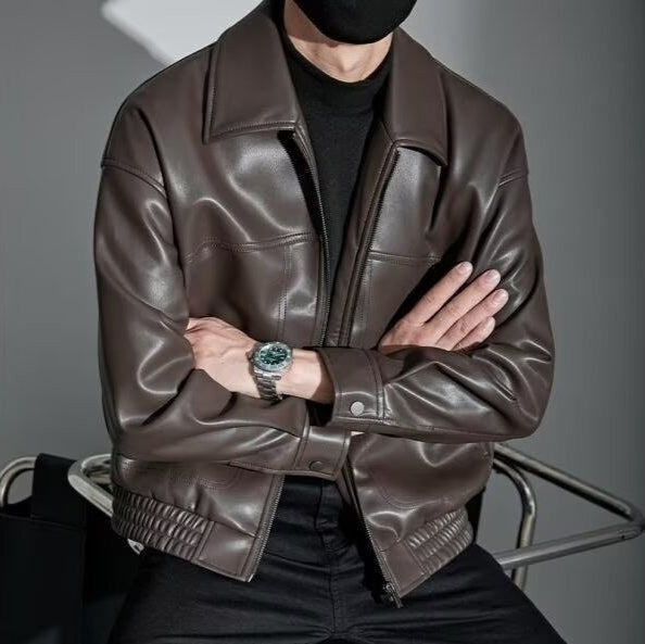 Leren Jas Heren Slim Fit Ritssluiting Rechte Kraag