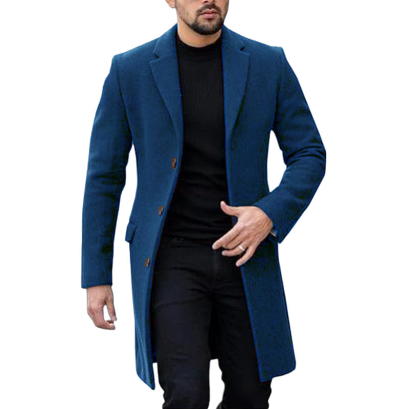 Elegante Lange Heren Manteljas met Klassieke Kraag en Knoopsluiting