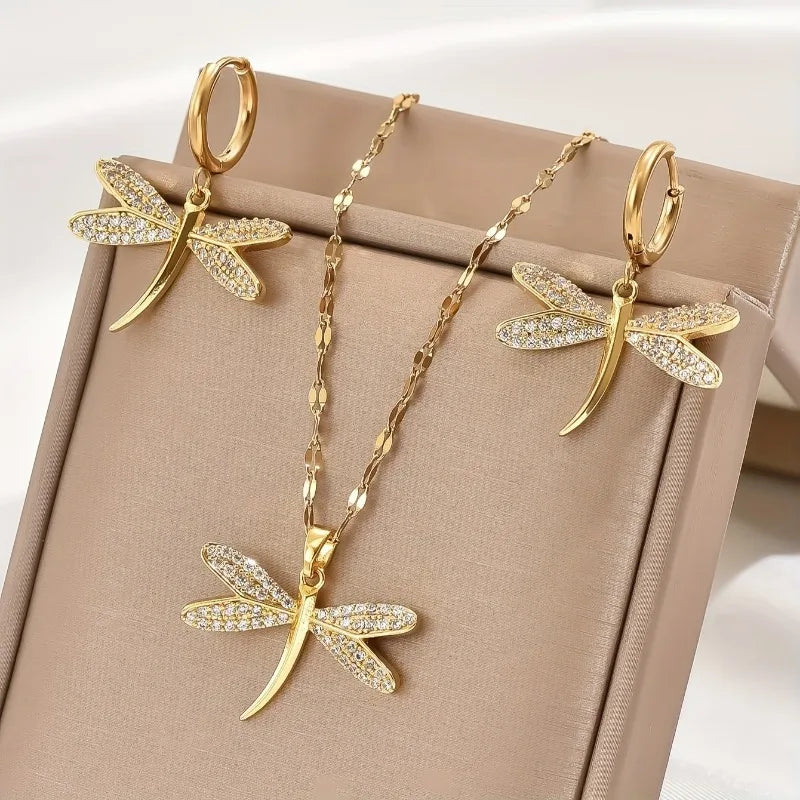 Gouden Libelle Sieraad Ketting met Bonus Oorbellen