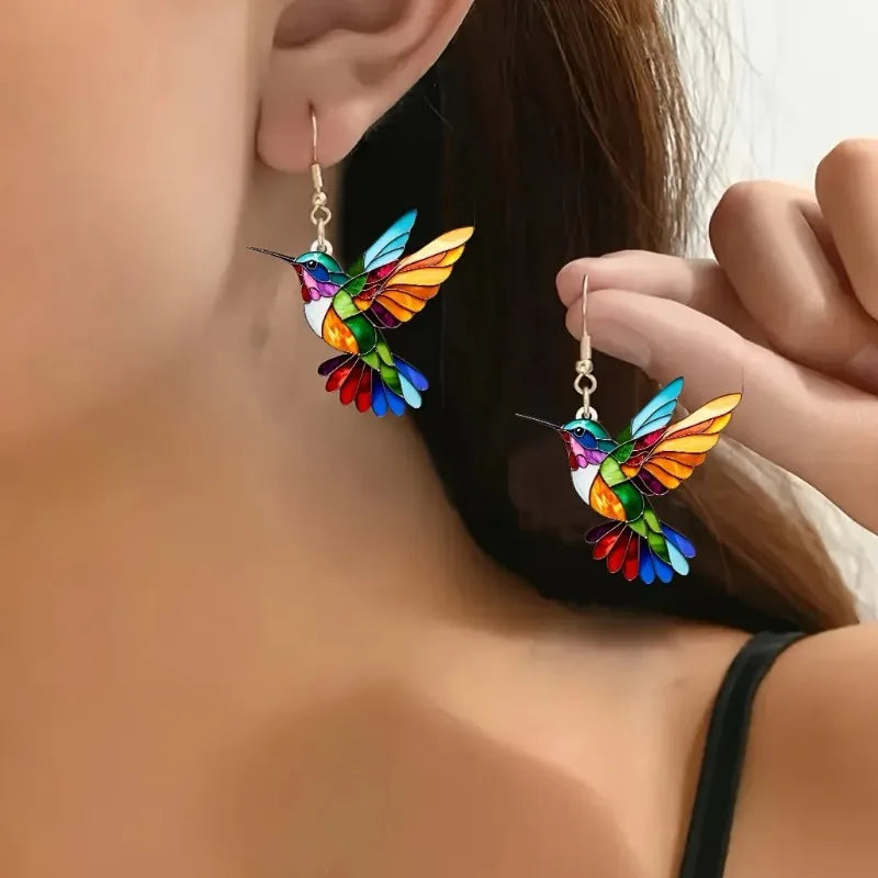 Acryl Kolibrie Dangle Oorbellen – Heldere 2D Vogelontwerp