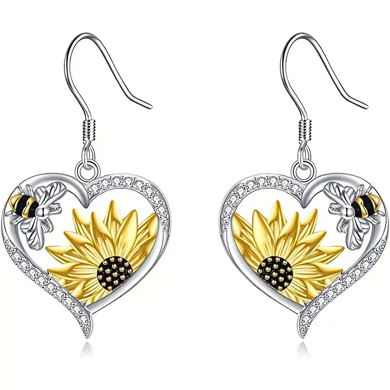 Vintage Boho Zonnebloem & Bij Hart Dangle Oorbellen