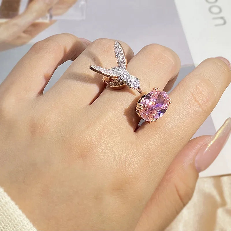 Verstelbare Hummingbird Edelsteenring – Zirkon, 14K Goud Verguld