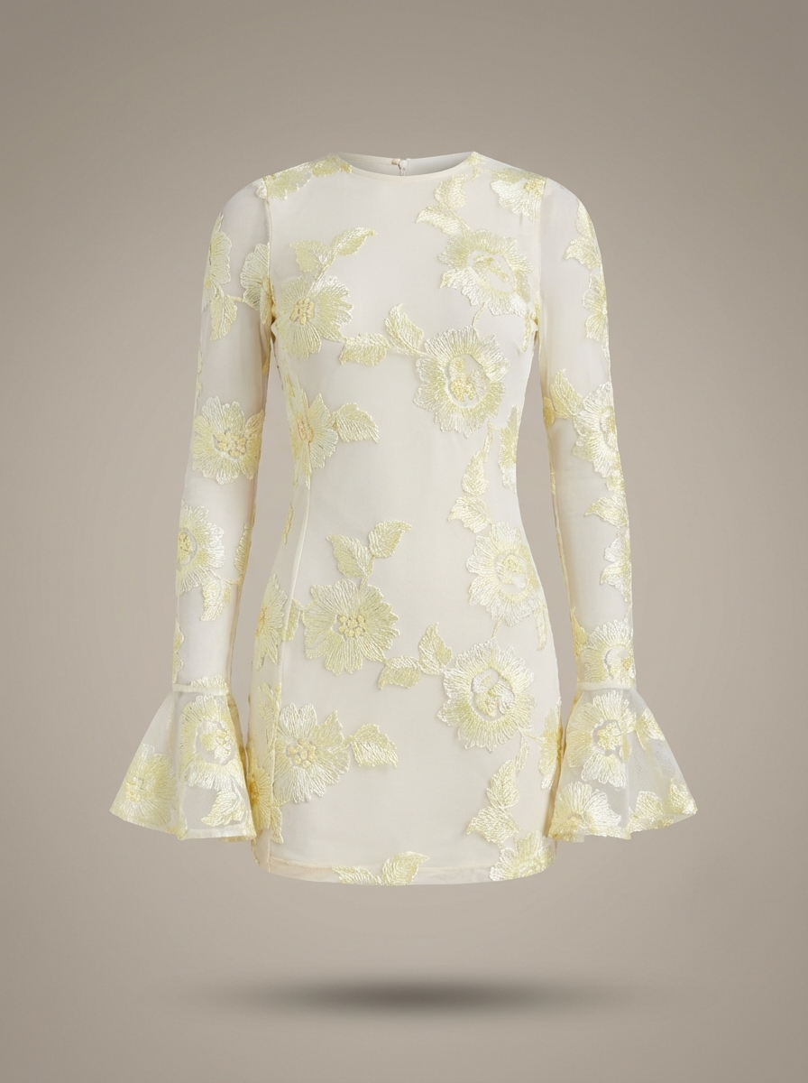 Mini Jurk Dames Aansluitend Bloemenprint Flare Mouwen Feestelijk
