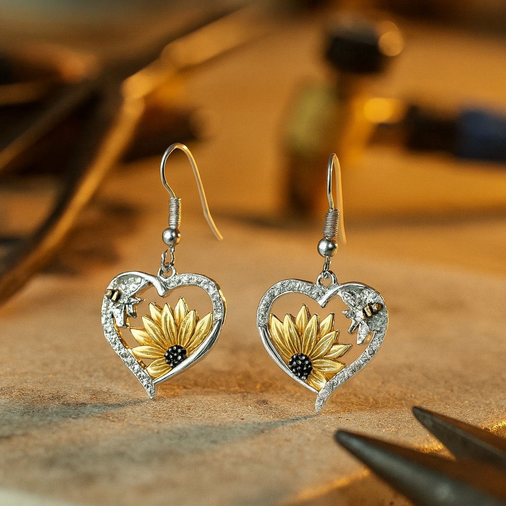 Vintage Boho Zonnebloem & Bij Hart Dangle Oorbellen