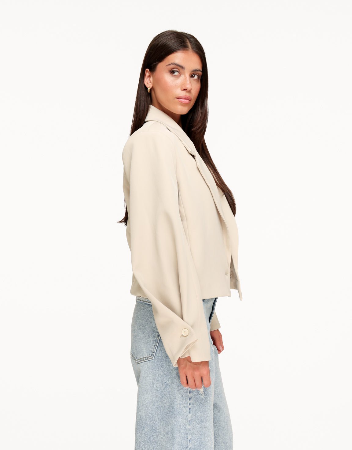 Beige Cropped Omgeslagen Mouwen - Blazer