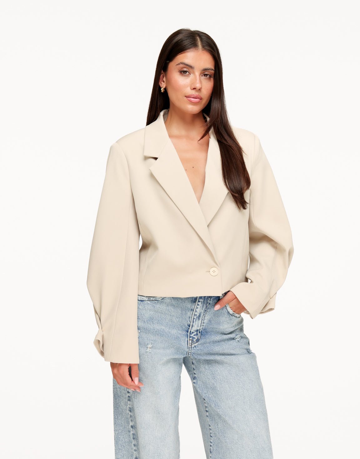 Beige Cropped Omgeslagen Mouwen - Blazer