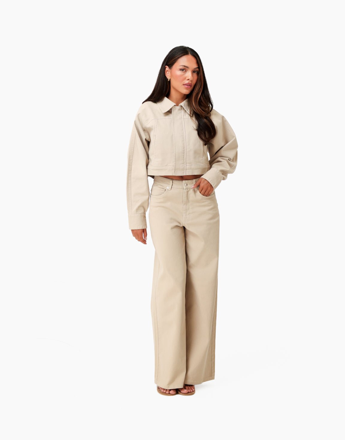 Beige Denim Ballonmouwen Cropped - Jas