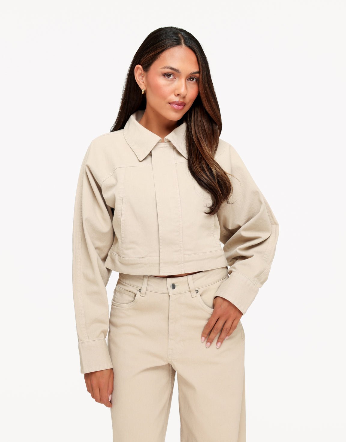 Beige Denim Ballonmouwen Cropped - Jas