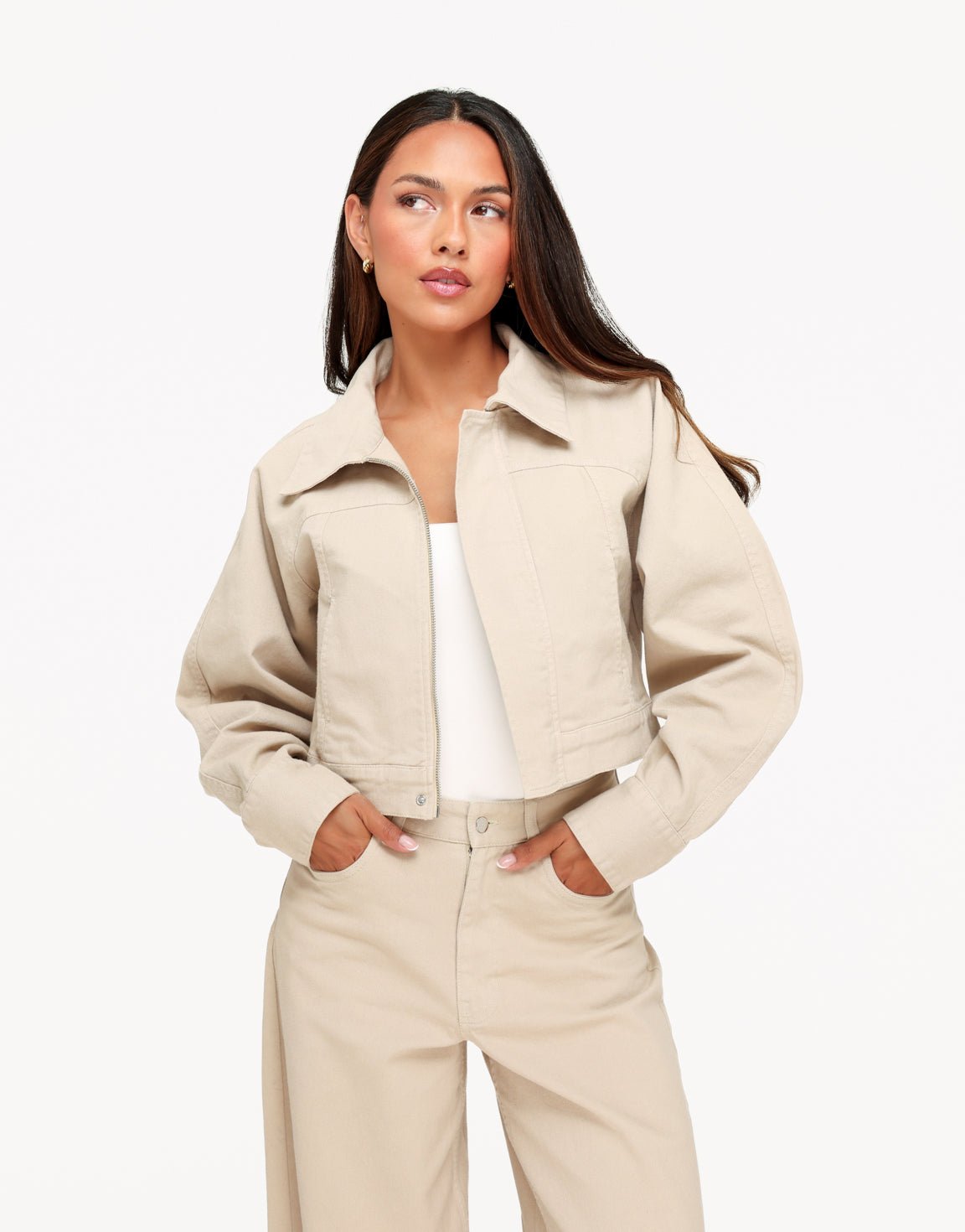 Beige Denim Ballonmouwen Cropped - Jas