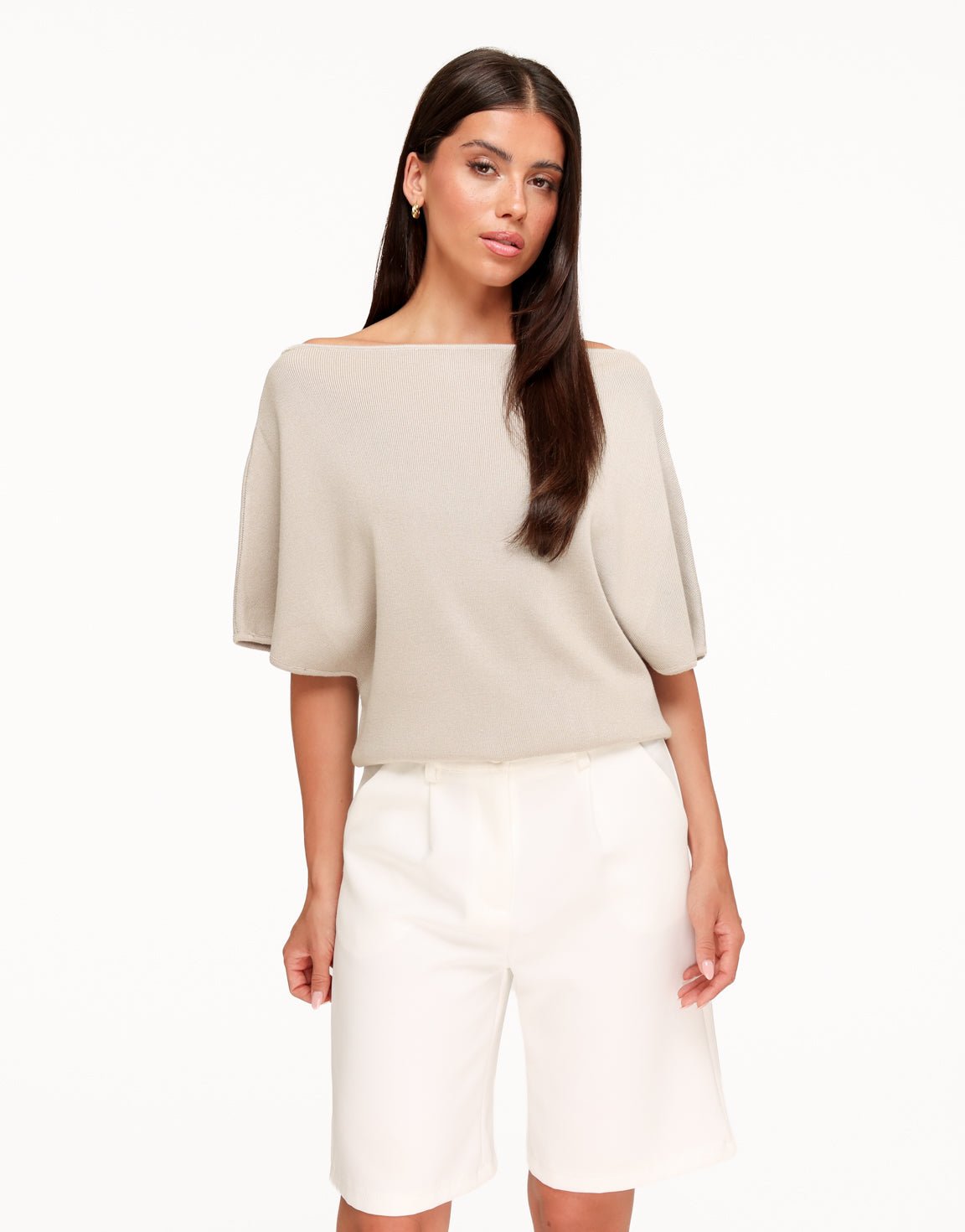 Beige Gebreide Off Shoulder - Trui