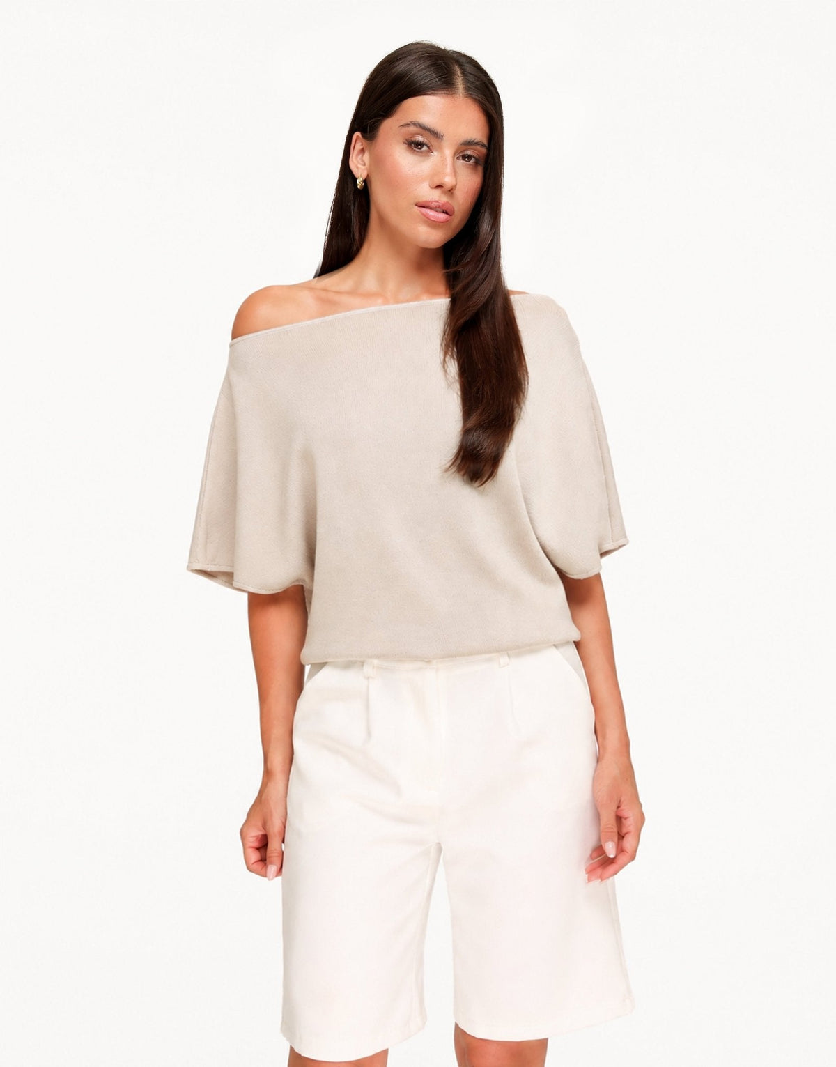 Beige Gebreide Off Shoulder - Trui