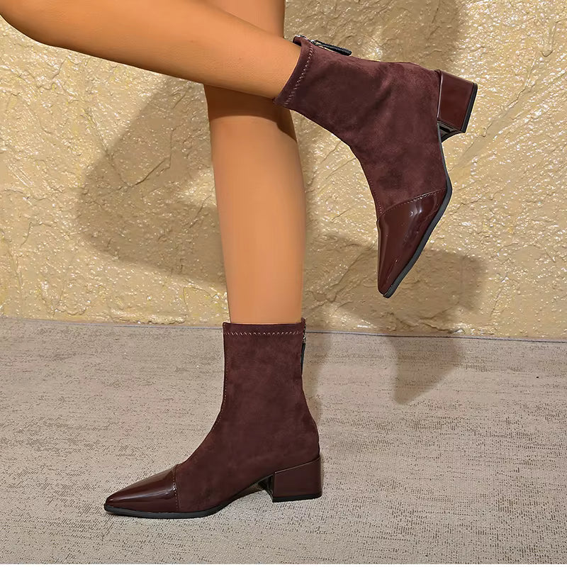 Bottines Dames Daim Talon Bloc Vernis Details Elegant