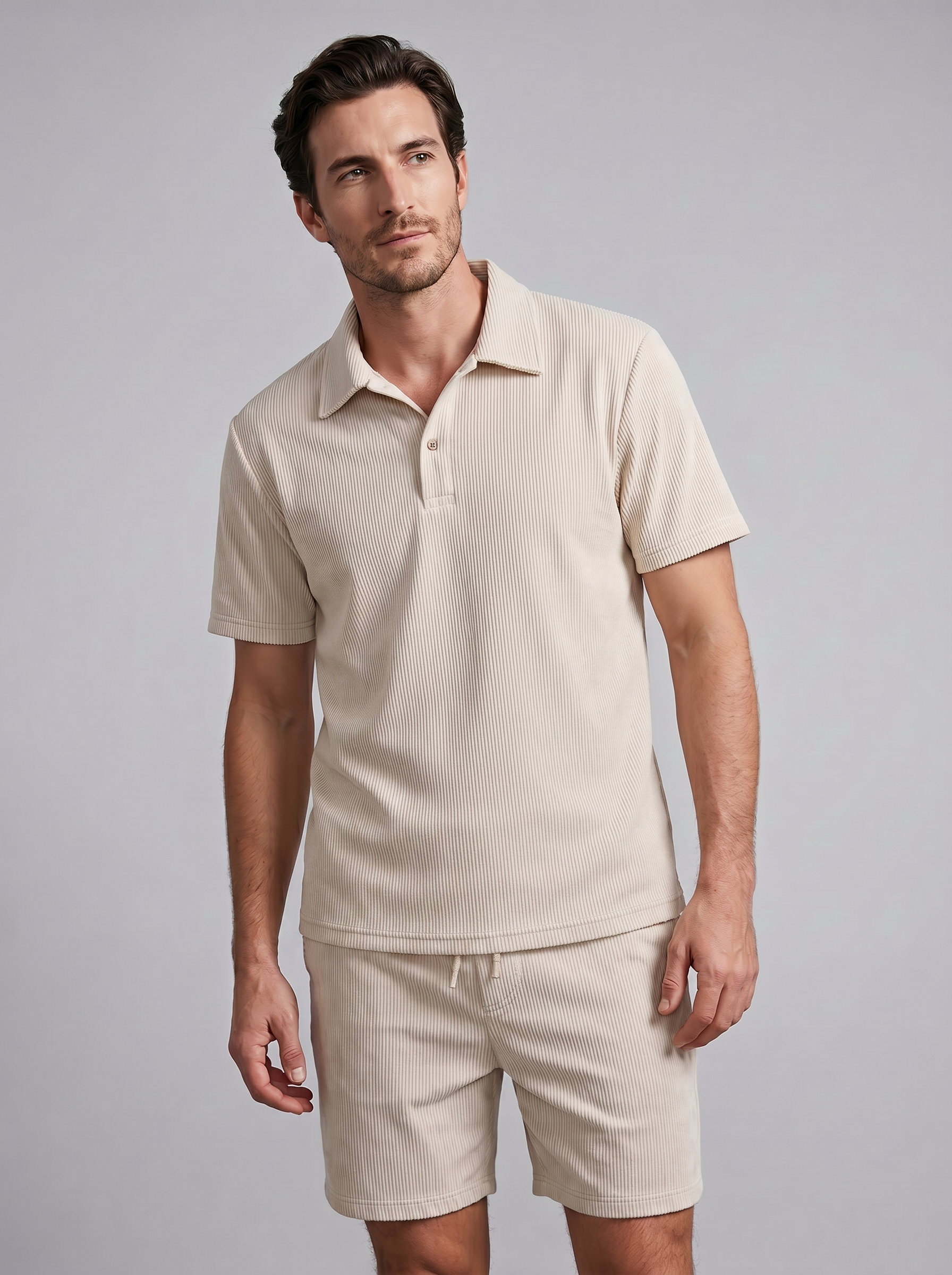 Corduroy Poloshirt en Shorts Set Heren Slim Fit