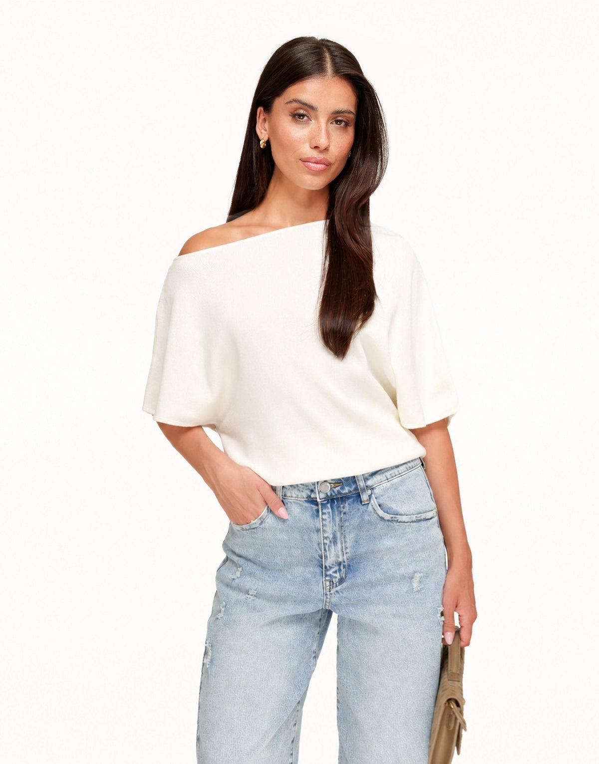 Creme Gebreide Off Shoulder - Trui