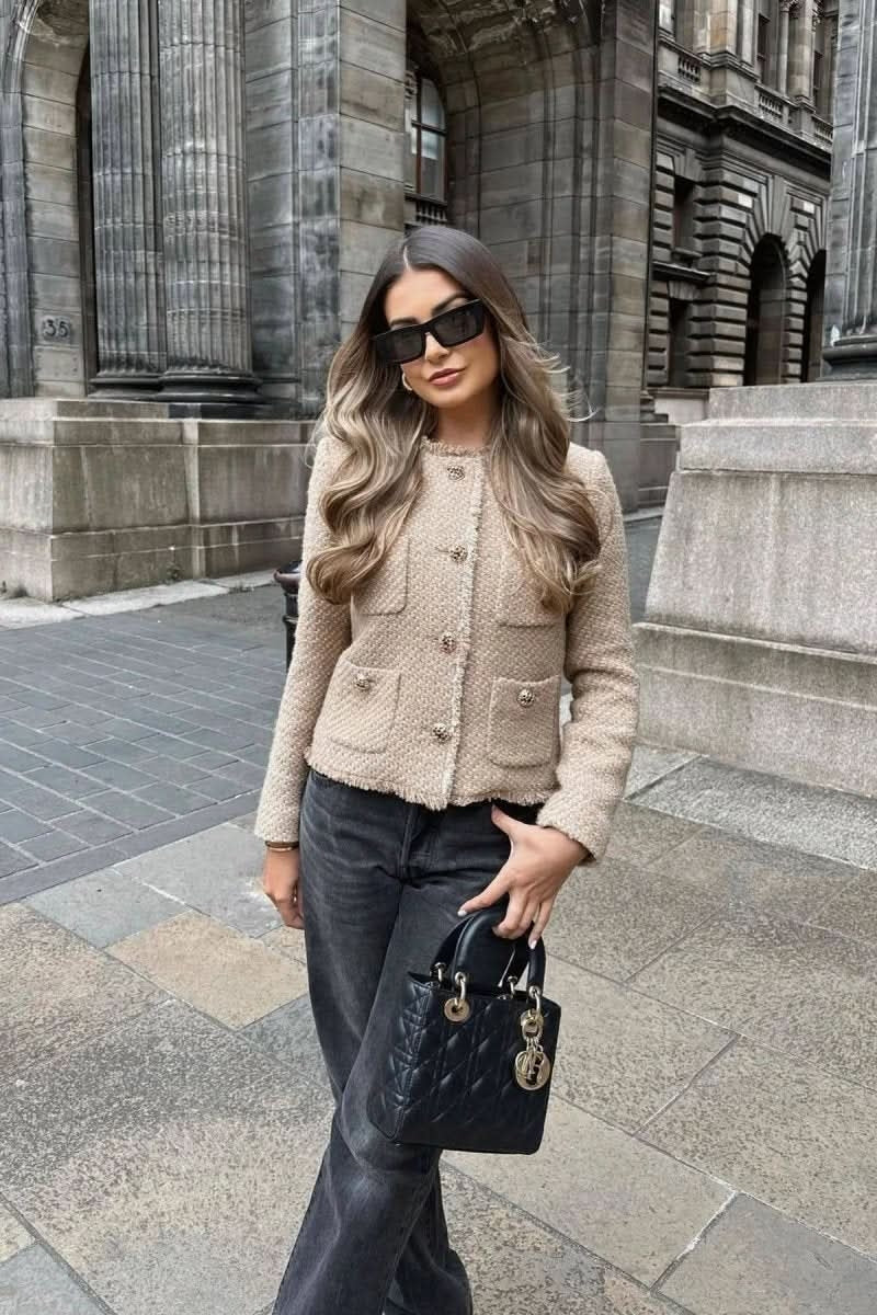 Dames Blazer van Tweed Stof met Knoopsluiting voor een Stijlvolle Look