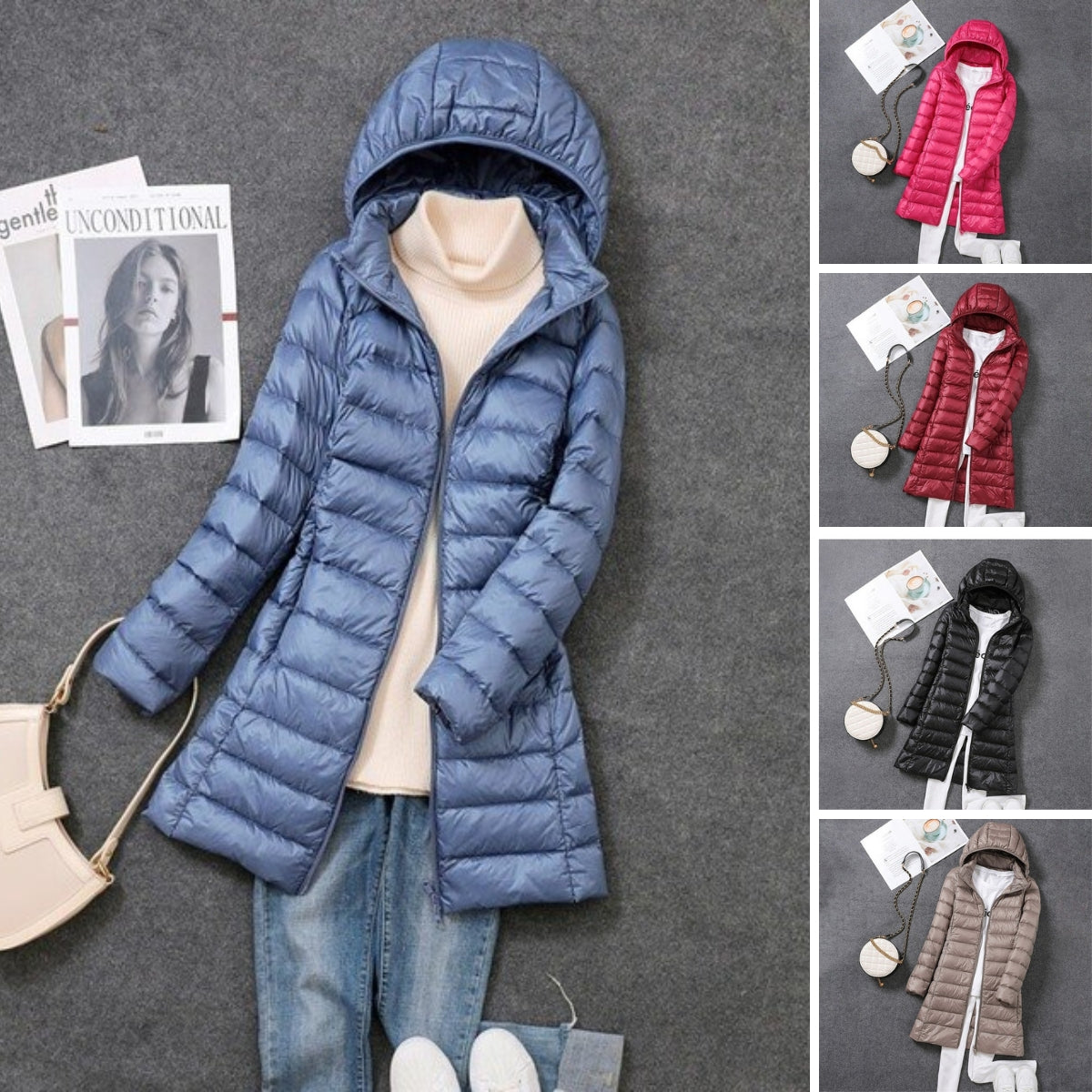 Dames lange donsjas met afneembare capuchon voor winterdagen