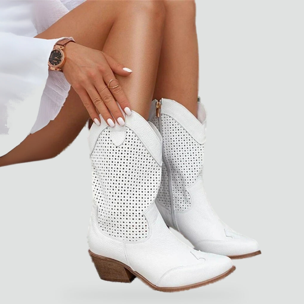 Dames Leren Cowboylaarzen met Hak en Perforaties