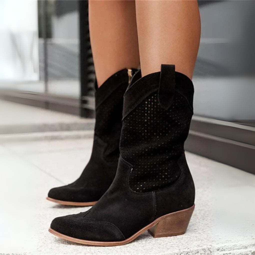 Dames Leren Cowboylaarzen met Hak en Perforaties