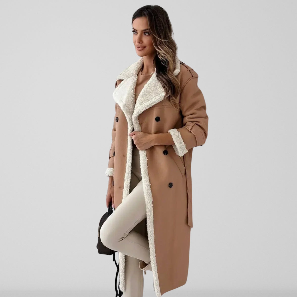 Dames Mantel met Dubbele Rij Knopen en Sherpa Voering