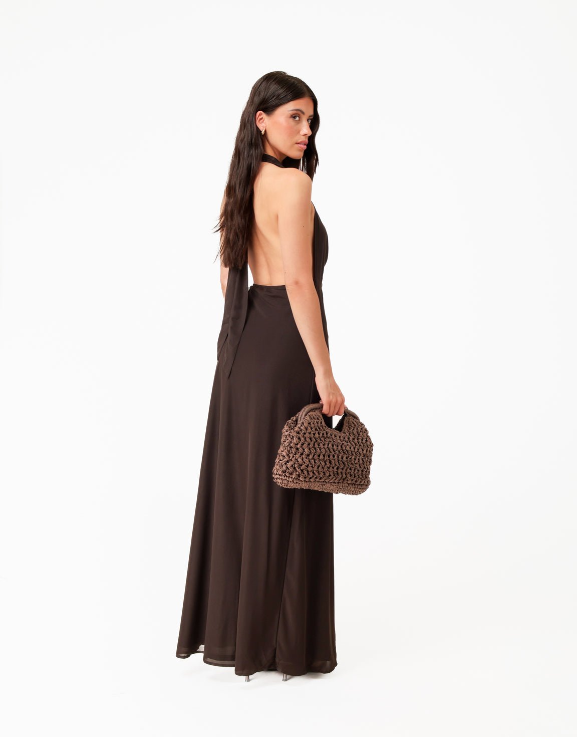 Donkerbruine Open Halter Lange - Jurk